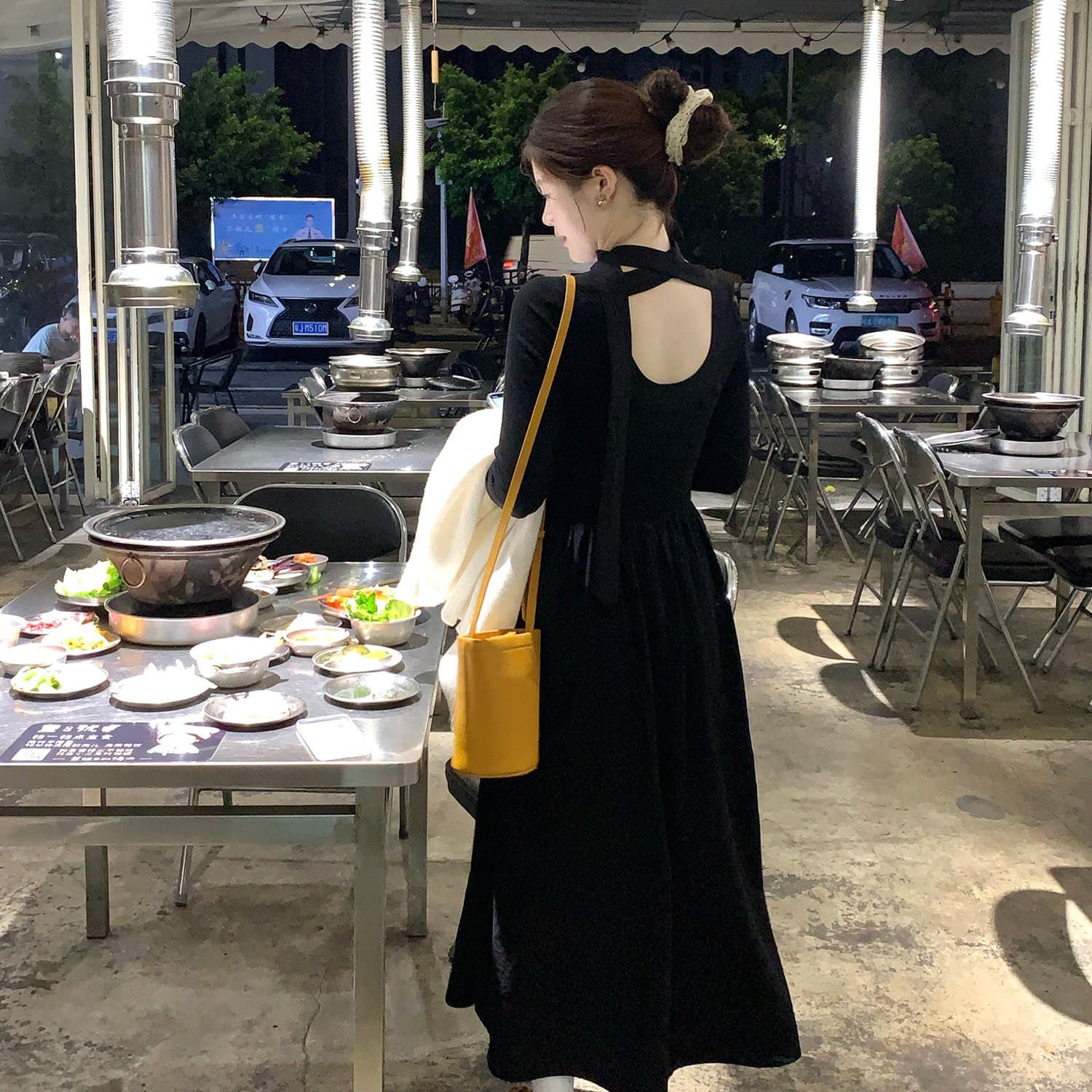 화재 화재 화재 우유 서리 복숭아 복숭아 한국 스타일 행침 목 니트 긴 소매 여성 드레스 부드러운 바람 허리 수축 봄 드레스 롱 스커트 이미지 3