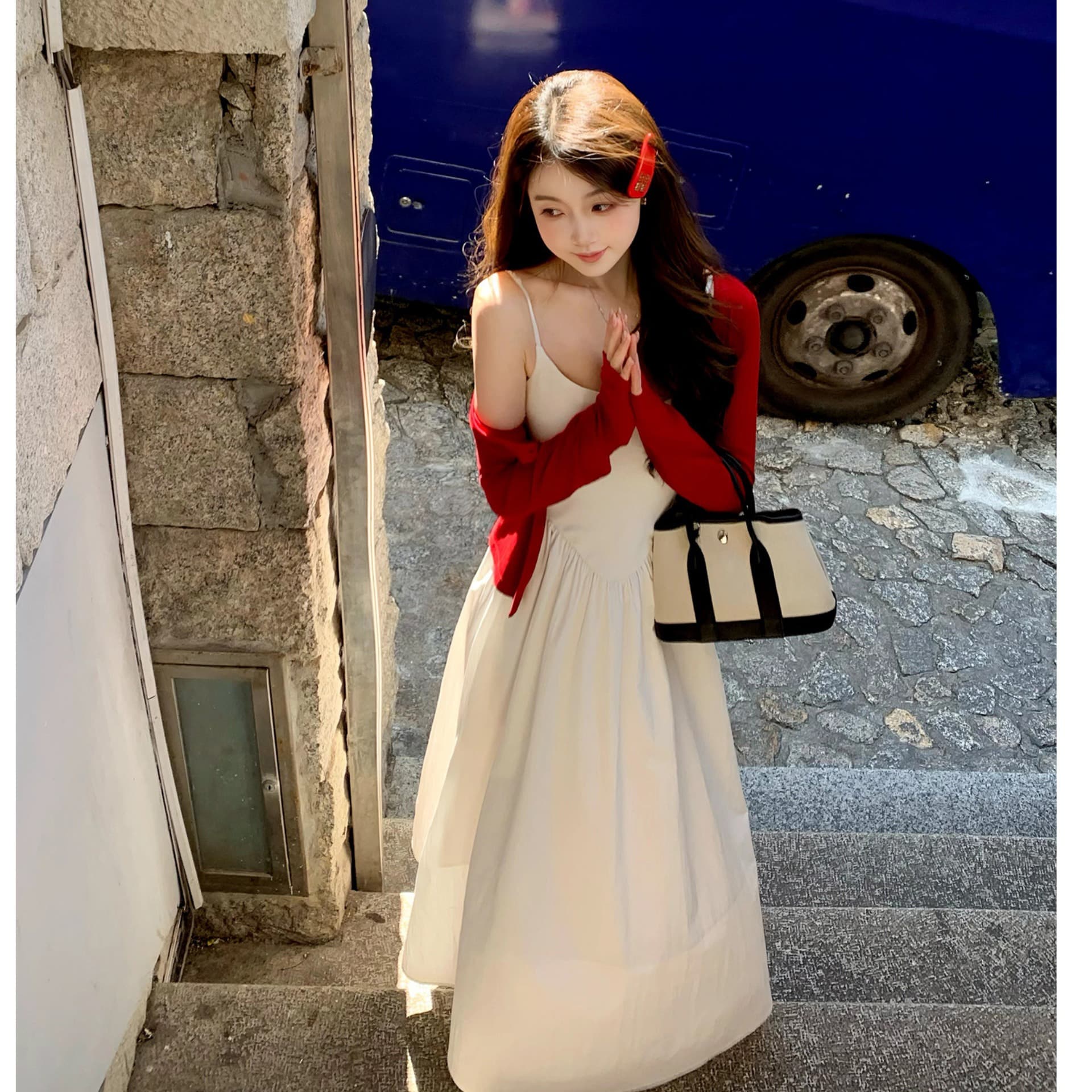 부드러운 바람 작은 키 프랑스식 광장 칼라 슬립 드레스 봄 여성 허리 수축 a 단어 길이 치마