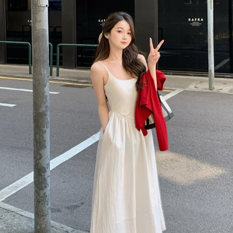 부드러운 바람 작은 키 프랑스식 광장 칼라 슬립 드레스 봄 여성 허리 수축 a 단어 길이 치마 이미지 3