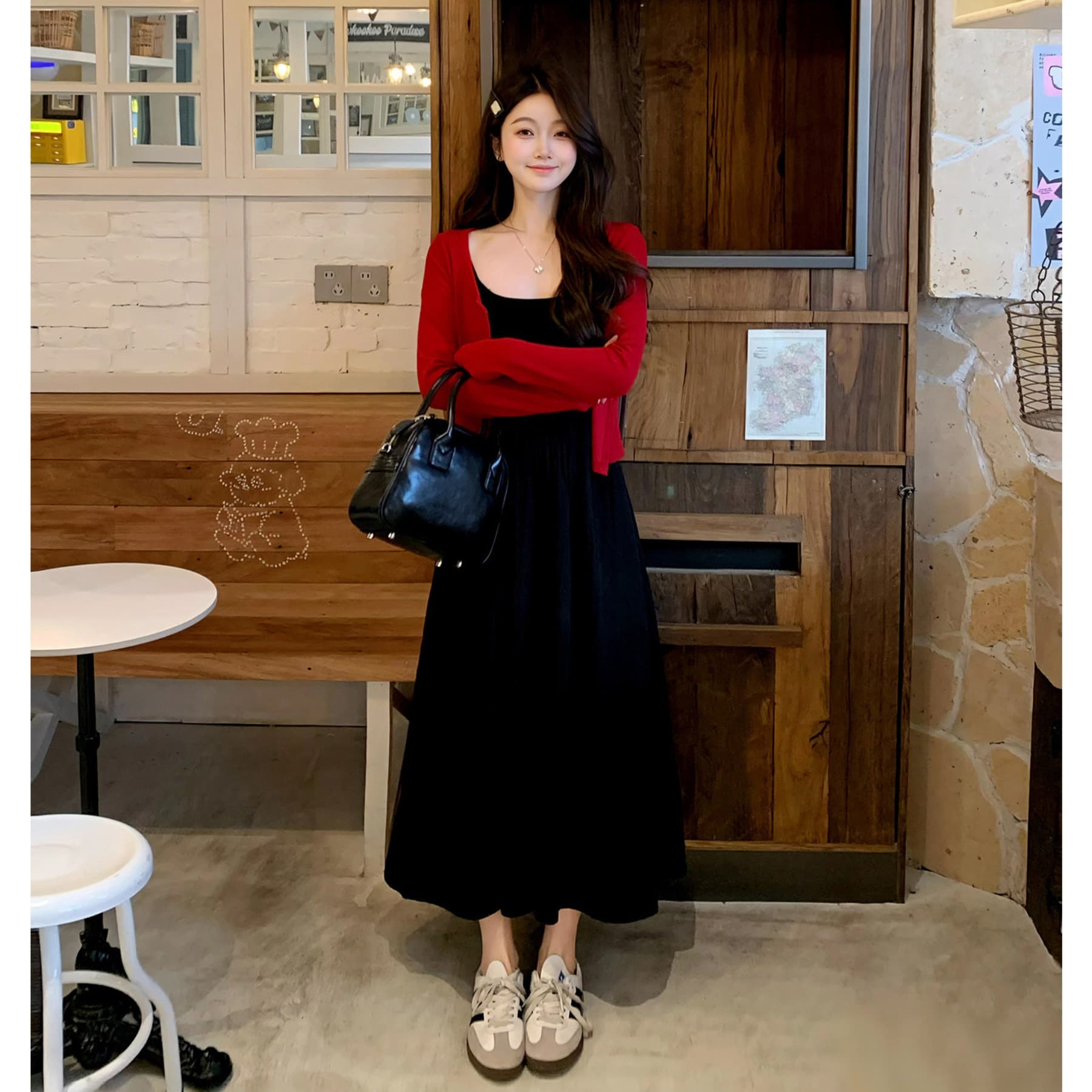 부드러운 바람 작은 키 프랑스식 광장 칼라 슬립 드레스 봄 여성 허리 수축 a 단어 길이 치마 이미지 2