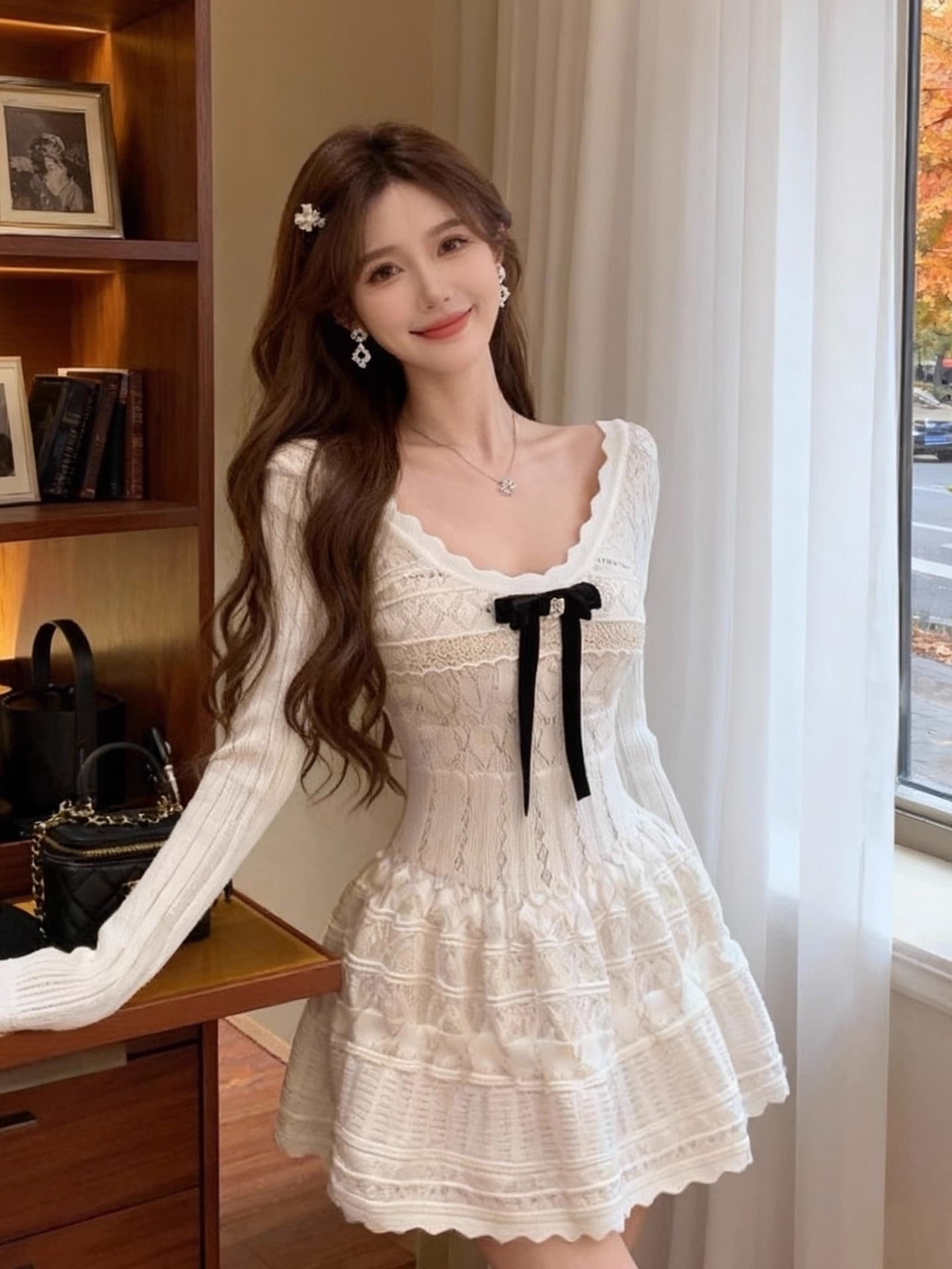 천 금빛 바람 화이트 긴팔 니트 여성 드레스 2026 봄 가을 새로운 나비 매듭 허리 수축 우아함 품격 치마 이미지 2