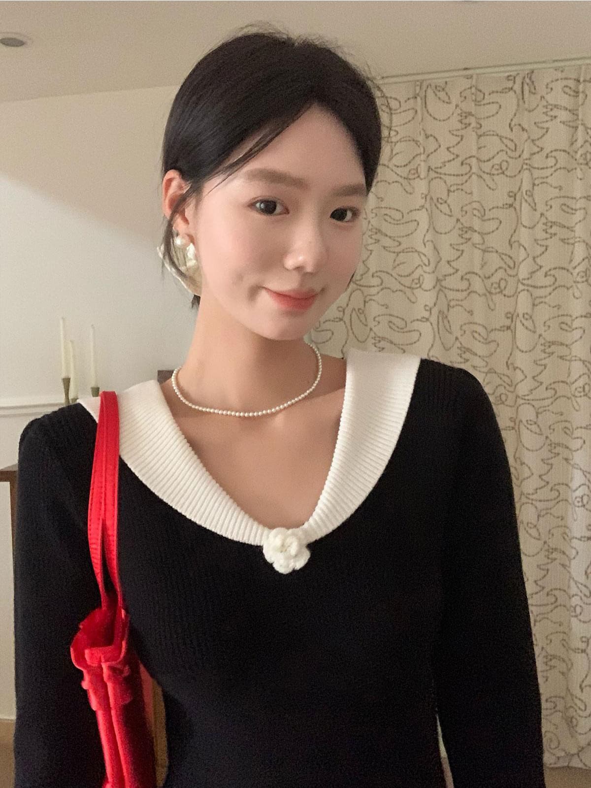 있음 도착 프랑스식 우아함 검정색 V넥 니트 드레스 고급 센스 품격 허리 수축 슬림해 보이는 롱 스커트 아이들 상세 이미지 6
