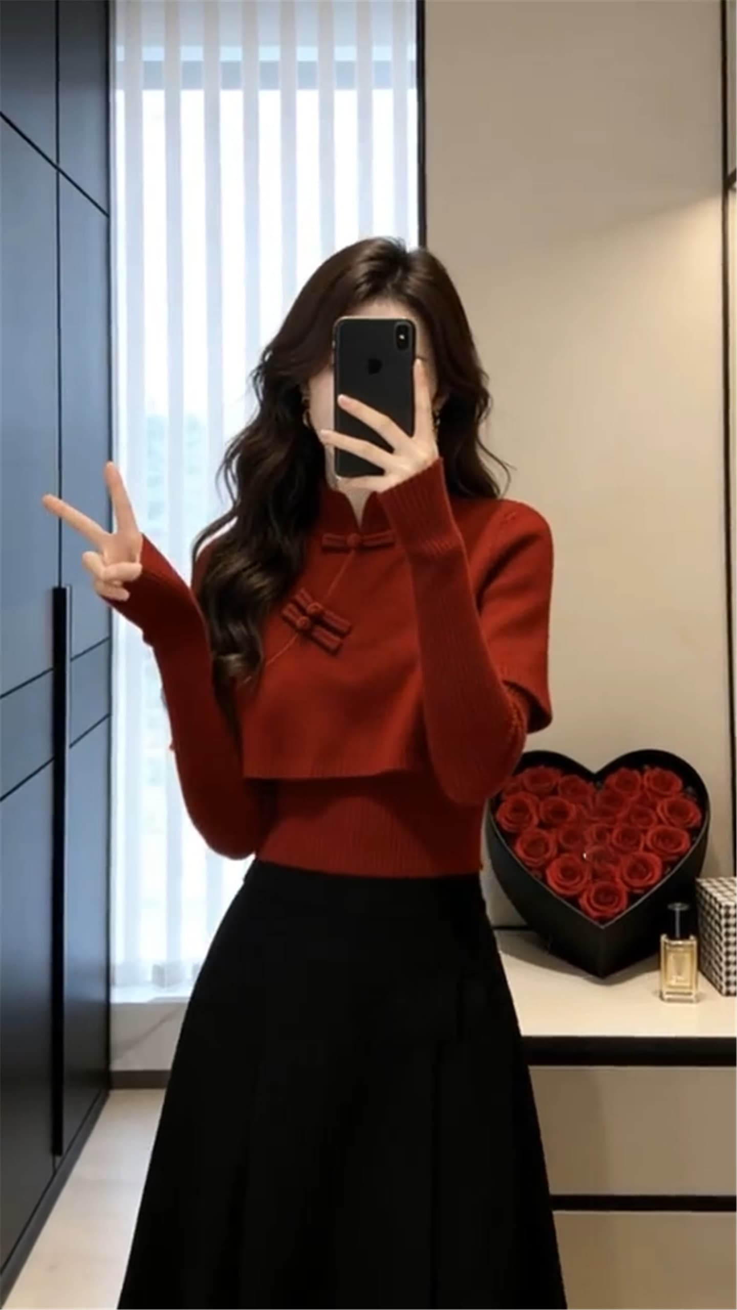 새로운 중식 빨간색 스웨터 세트 여성 2026 가을 겨울 새로운 새해 신년 착용 가져 가라. 망토 니트 스웨터 맨위 상세 이미지 6