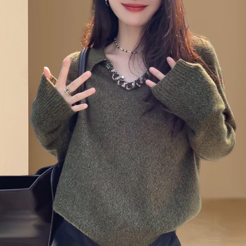 프랑스식 신년 빨간색 V넥 스웨터 여자 가을 겨울철 2026 새로운 고급 센스 인사이드 가져 가라. 기본 셔츠 니트 맨위 이미지 2