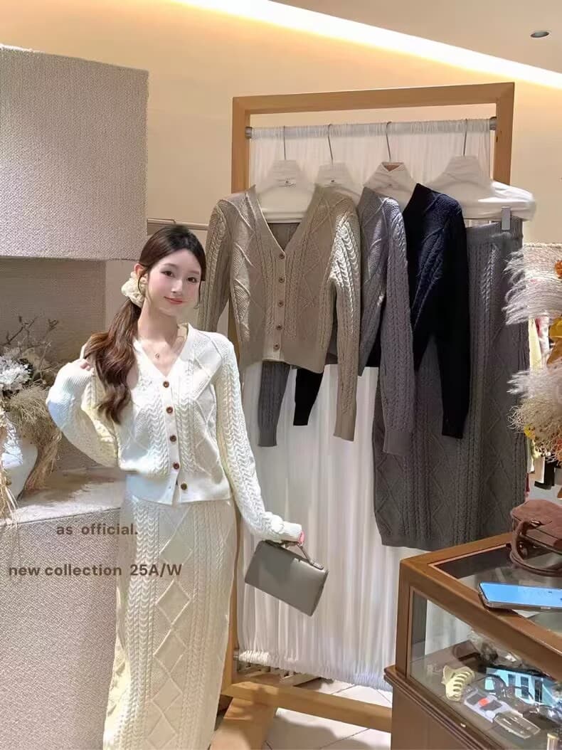 가을 겨울철 새로운 한국 스타일 꽈배기 분위기 센스 루즈핏 스웨터 반 스커트 투피스 세트 세트 여성 의류 상세 이미지 9