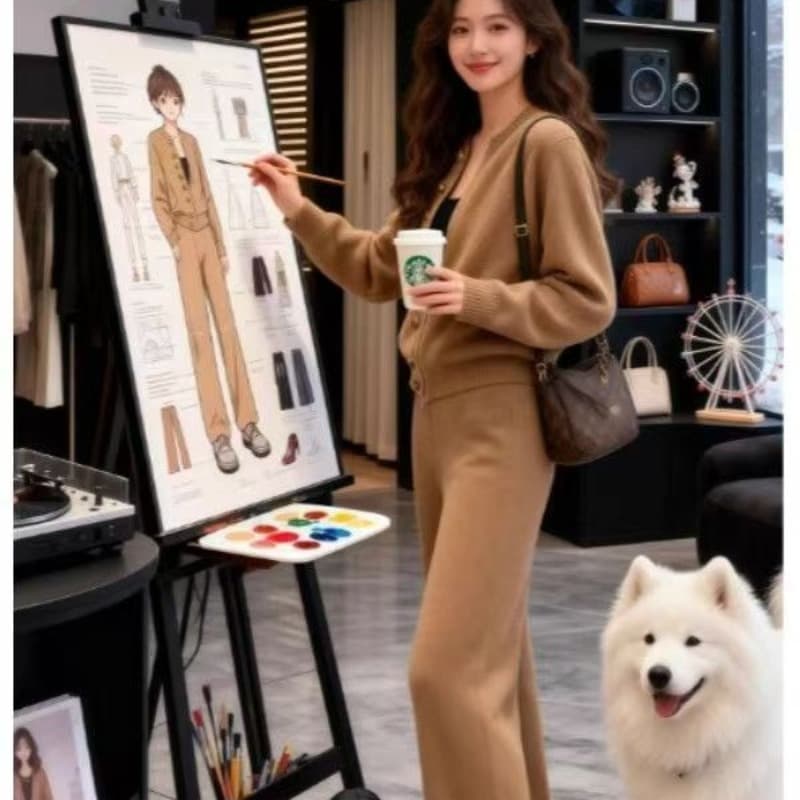 한 부서 레트로 패션 니트 스웨터 캐주얼 바지 투피스 슈트 품격 전체 집합 ootd 착용 가져 가라. 이미지 5