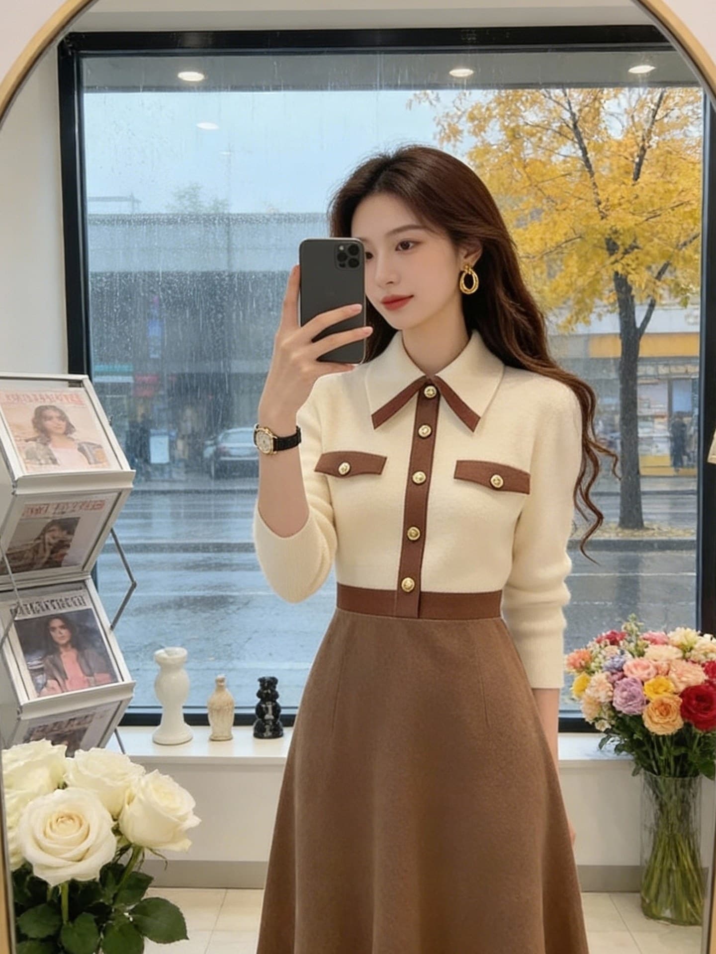 한국 품격 명문 여성 polo 폴로 칼라 홍콩 스타일 레트로 부드러운 학원 작은 샤넬 스타일 배색 니트 스웨터 드레스 상세 이미지 9