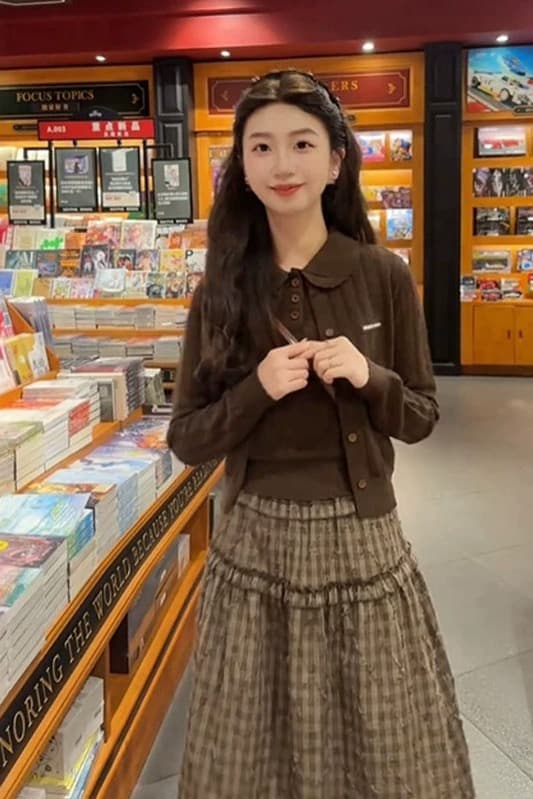학원 스타일 품격 레트로 베이비 칼라 조끼 오픈 가디건 체크무늬 반 스커트 여성 의류 2026 가을 겨울 새로운 핫걸 세트 상세 이미지 10