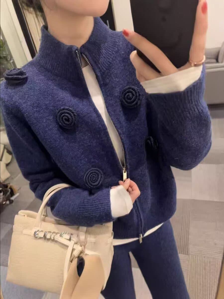 전체 집합 ootd 착용 가져 가라. 세트 여성 2026 새로운 파란색 3 차원 꽃 니트 오픈 가디건 캐주얼 바지 투피스 세트 상세 이미지 5