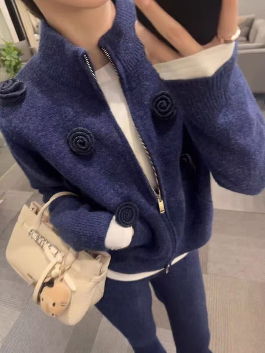 전체 집합 ootd 착용 가져 가라. 세트 여성 2026 새로운 파란색 3 차원 꽃 니트 오픈 가디건 캐주얼 바지 투피스 세트 상세 이미지 8