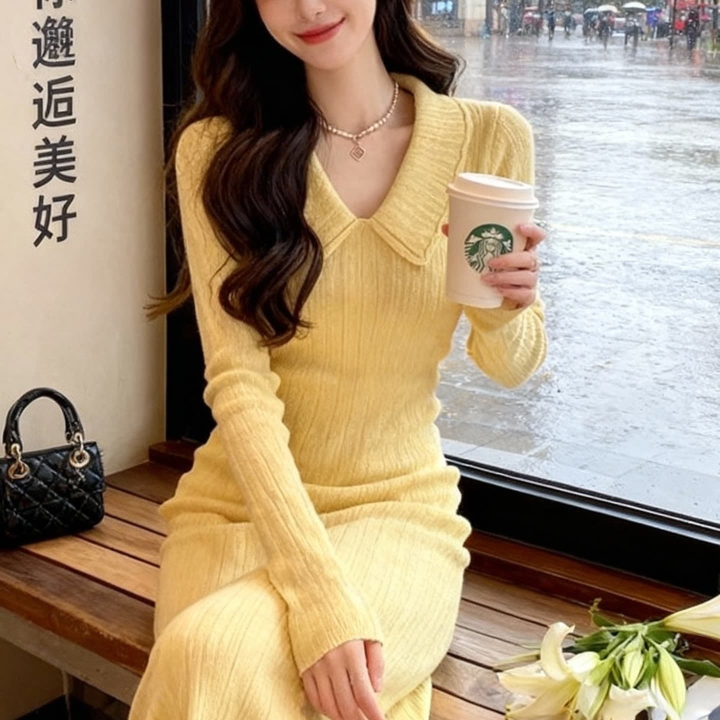 한국 품격 명문 여성 홍콩 스타일 레트로 작은 샤넬 스타일 polo 폴로 칼라 황색 니트 스웨터 드레스 가을 겨울 롱 스커트 이미지 6