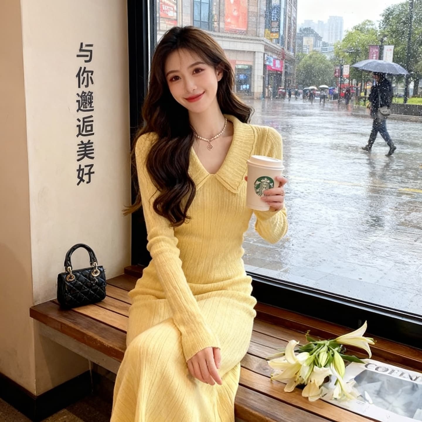 한국 품격 명문 여성 홍콩 스타일 레트로 작은 샤넬 스타일 polo 폴로 칼라 황색 니트 스웨터 드레스 가을 겨울 롱 스커트 상세 이미지 3