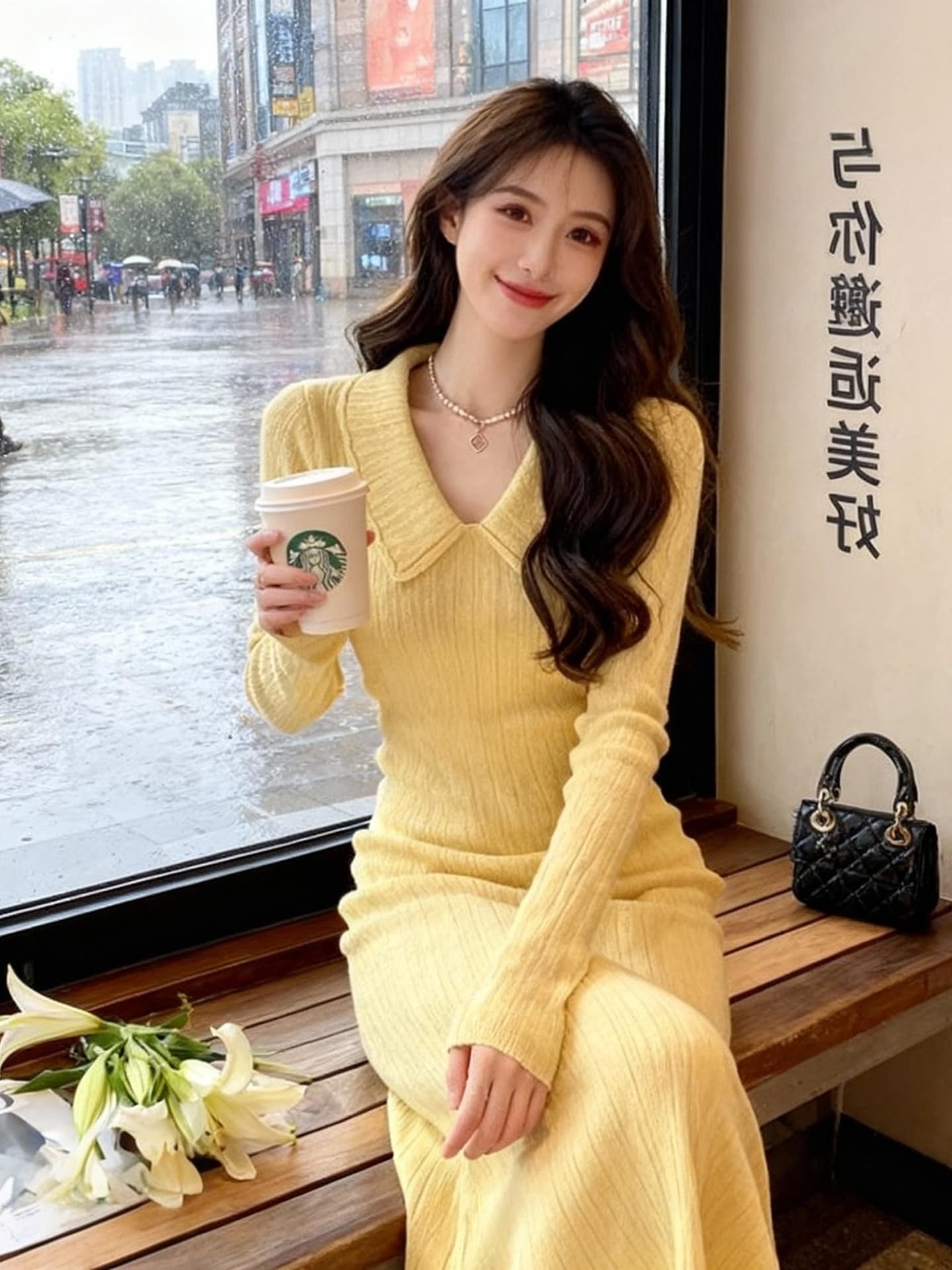한국 품격 명문 여성 홍콩 스타일 레트로 작은 샤넬 스타일 polo 폴로 칼라 황색 니트 스웨터 드레스 가을 겨울 롱 스커트 상세 이미지 5