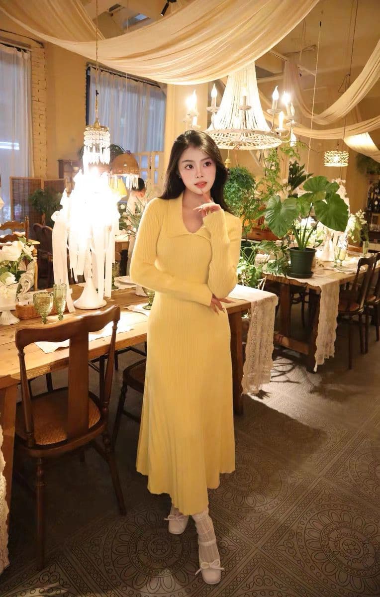한국 품격 명문 여성 홍콩 스타일 레트로 작은 샤넬 스타일 polo 폴로 칼라 황색 니트 스웨터 드레스 가을 겨울 롱 스커트 상세 이미지 9