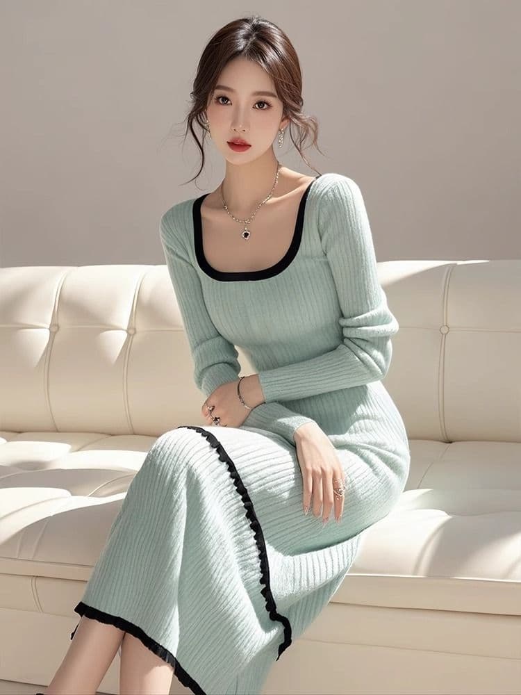 경기 코트 인사이드 가져 가라. 롱 코트 만나는 스웨터 드레스 허리 수축 슬림해 보이는 품격 긴팔 광장 칼라 니트 여성 드레스 가을 겨울 상세 이미지 2