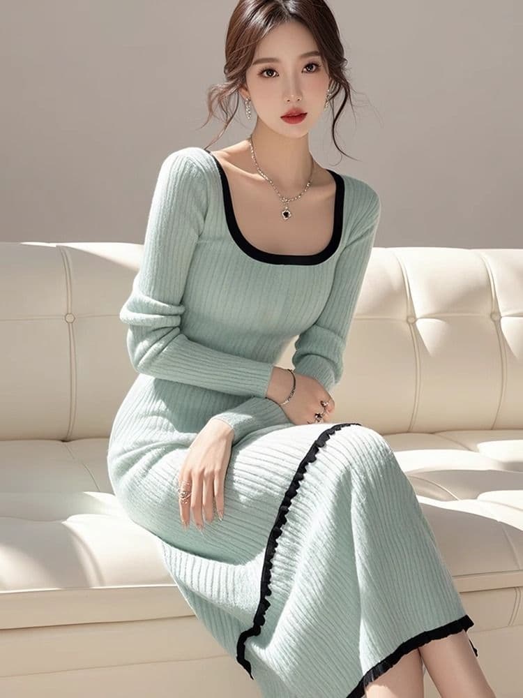 경기 코트 인사이드 가져 가라. 롱 코트 만나는 스웨터 드레스 허리 수축 슬림해 보이는 품격 긴팔 광장 칼라 니트 여성 드레스 가을 겨울 상세 이미지 3
