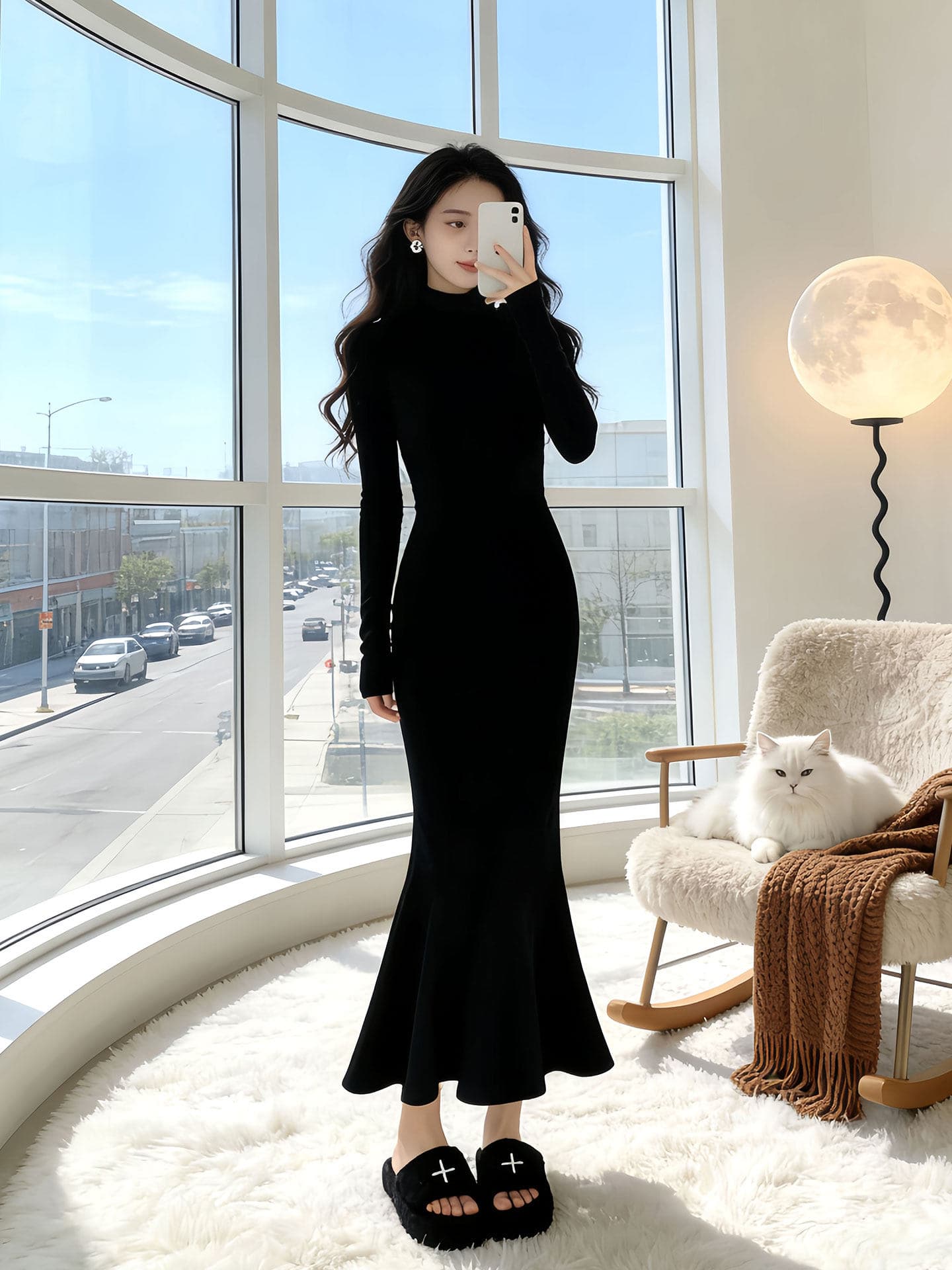 한국 품격 명문 여성 홍콩 스타일 레트로 터틀넥 스웨터 니트 인어 꼬리 드레스 몸매 가꾸기 슬림해 보이는 그는 벤 바람 롱 스커트 이미지 2