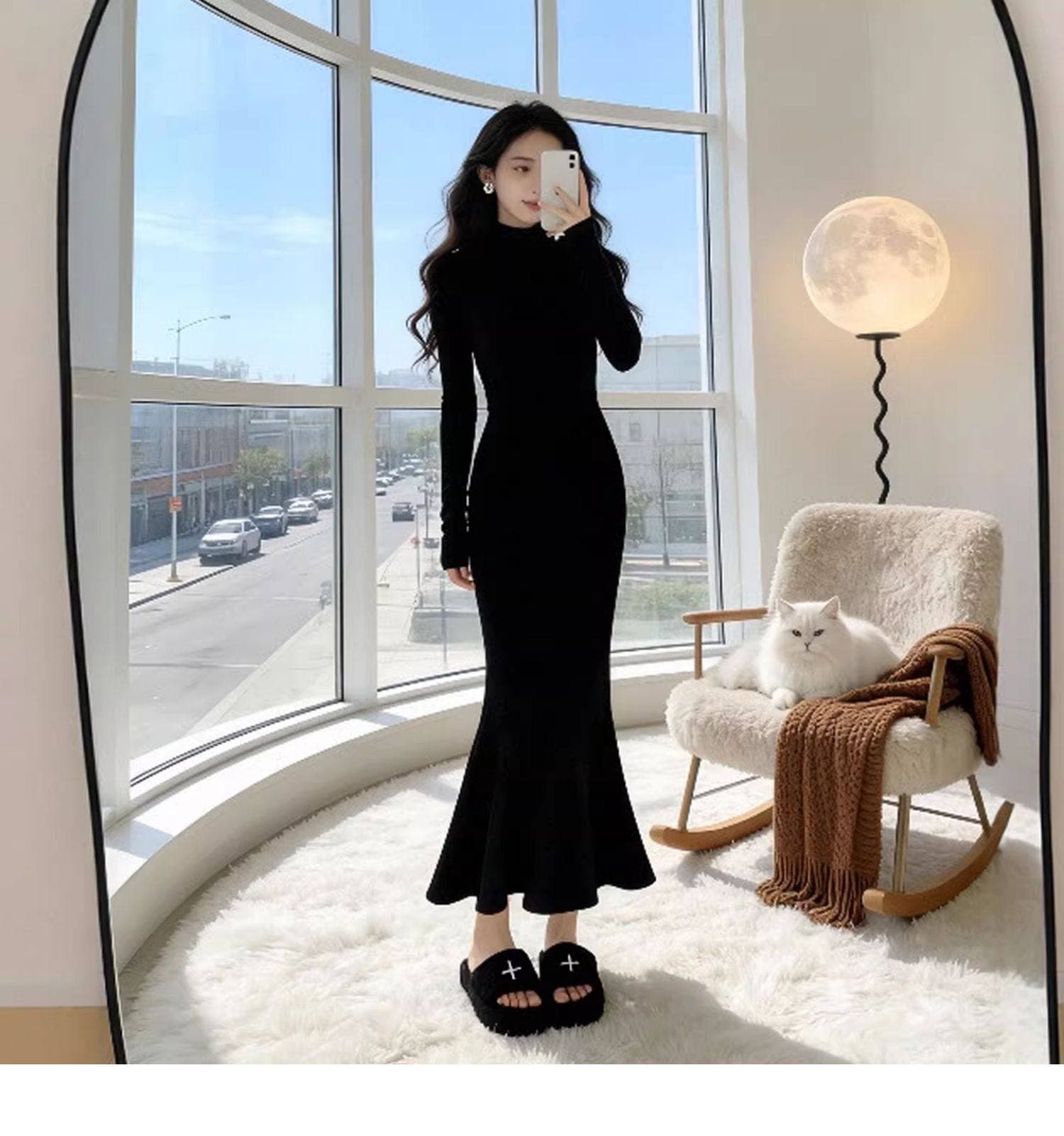한국 품격 명문 여성 홍콩 스타일 레트로 터틀넥 스웨터 니트 인어 꼬리 드레스 몸매 가꾸기 슬림해 보이는 그는 벤 바람 롱 스커트 상세 이미지 7