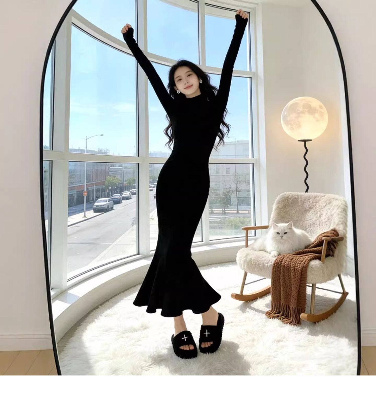 한국 품격 명문 여성 홍콩 스타일 레트로 터틀넥 스웨터 니트 인어 꼬리 드레스 몸매 가꾸기 슬림해 보이는 그는 벤 바람 롱 스커트 상세 이미지 8