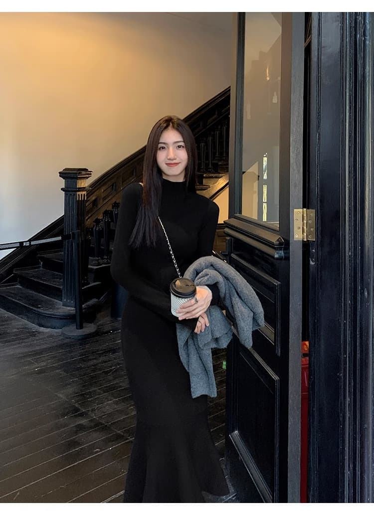 한국 품격 명문 여성 홍콩 스타일 레트로 터틀넥 스웨터 니트 인어 꼬리 드레스 몸매 가꾸기 슬림해 보이는 그는 벤 바람 롱 스커트 상세 이미지 20