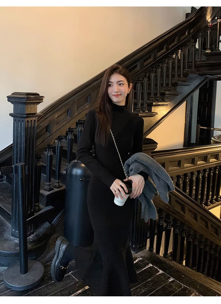 한국 품격 명문 여성 홍콩 스타일 레트로 터틀넥 스웨터 니트 인어 꼬리 드레스 몸매 가꾸기 슬림해 보이는 그는 벤 바람 롱 스커트 상세 이미지 24