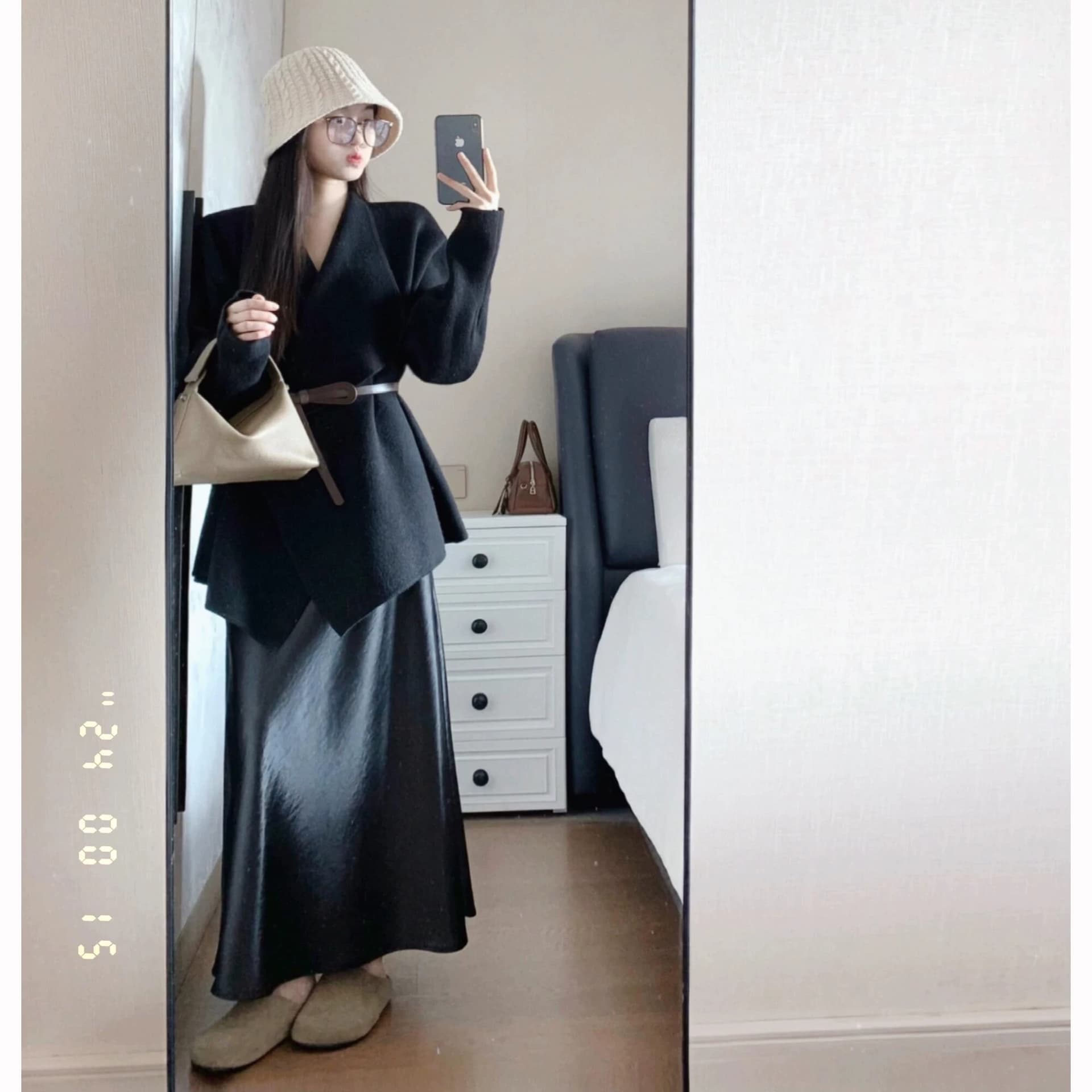 고급 그는 벤 바람 세트 여성 새로운 새틴 반신 스커트 전체 집합 ootd 착용 가져 가라. 품격 폴로 칼라 검정색 재킷 이미지 5