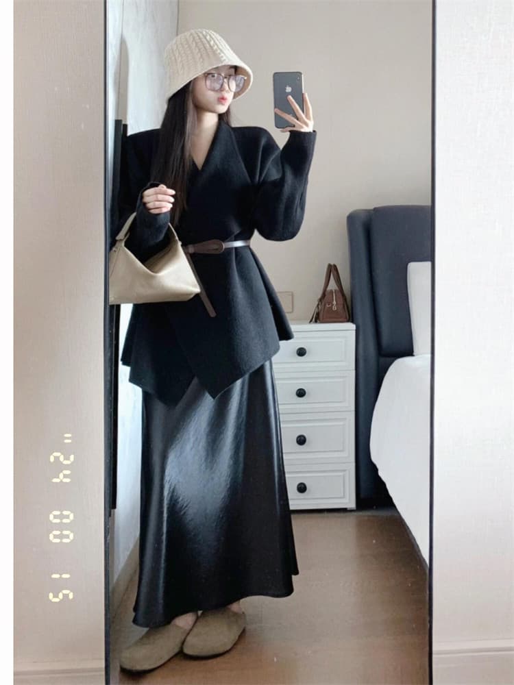 고급 그는 벤 바람 세트 여성 새로운 새틴 반신 스커트 전체 집합 ootd 착용 가져 가라. 품격 폴로 칼라 검정색 재킷