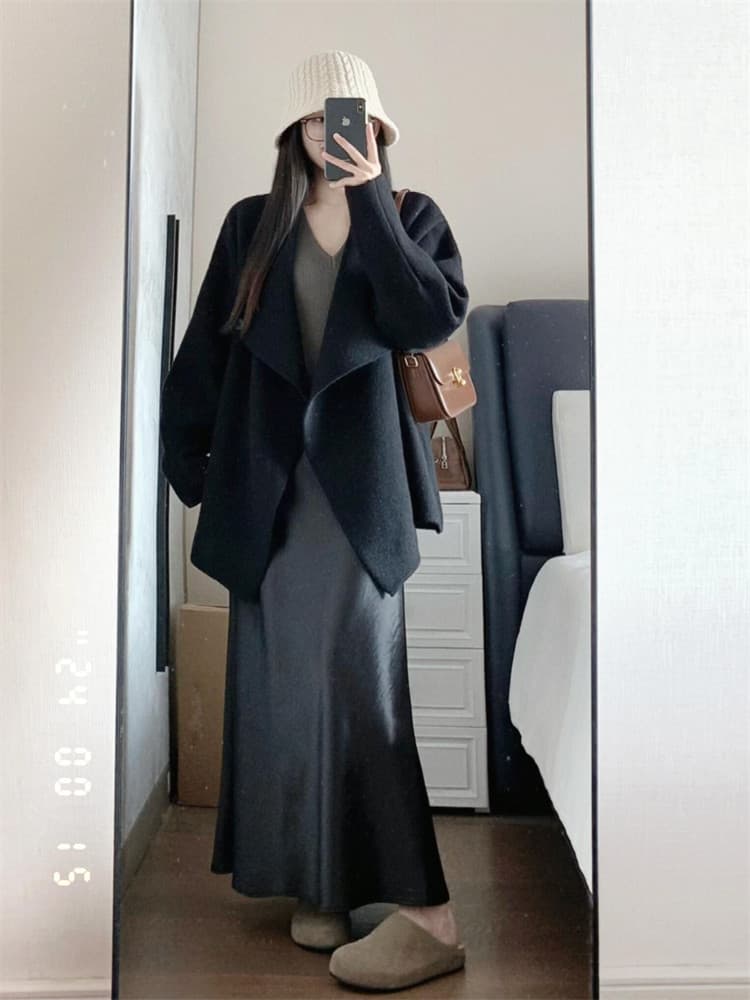 고급 그는 벤 바람 세트 여성 새로운 새틴 반신 스커트 전체 집합 ootd 착용 가져 가라. 품격 폴로 칼라 검정색 재킷 상세 이미지 5