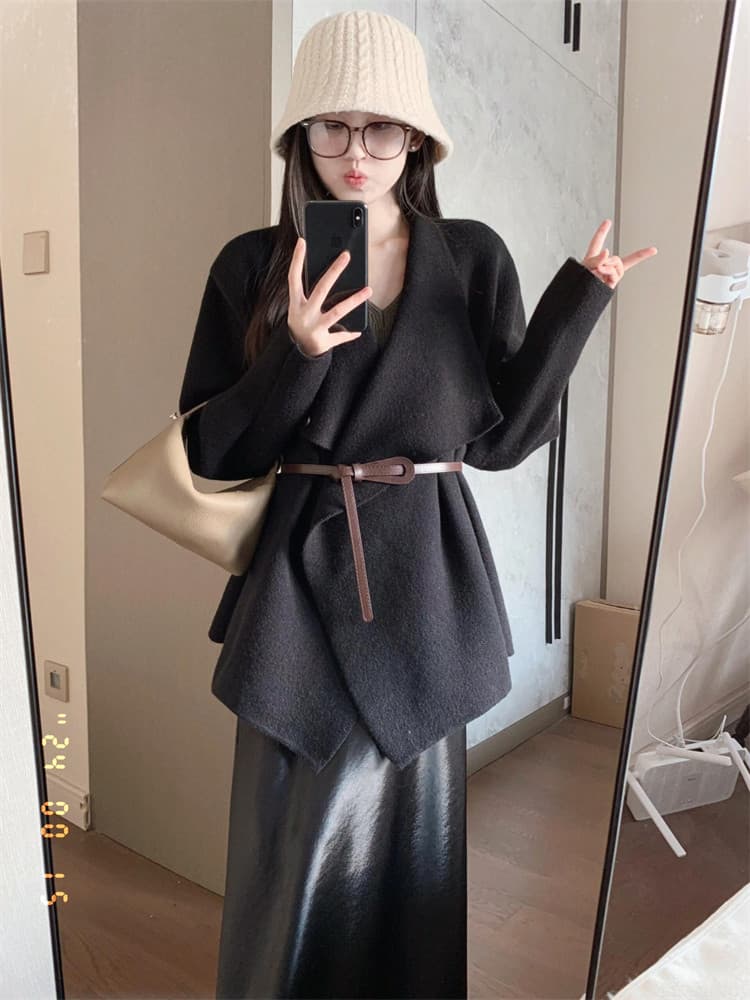 고급 그는 벤 바람 세트 여성 새로운 새틴 반신 스커트 전체 집합 ootd 착용 가져 가라. 품격 폴로 칼라 검정색 재킷 상세 이미지 6