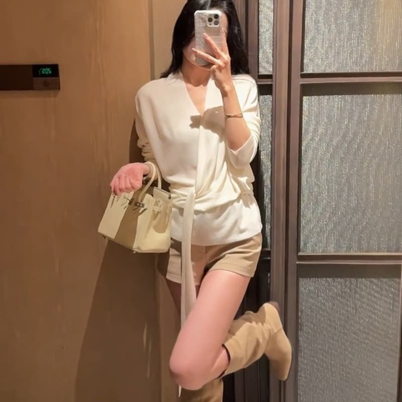 도착 다양한 착용 법 프랑스식 십자가 니트 맨위 품격 부드러운 밴딩 신축성 다용도 여성 이른 가을 이미지 6