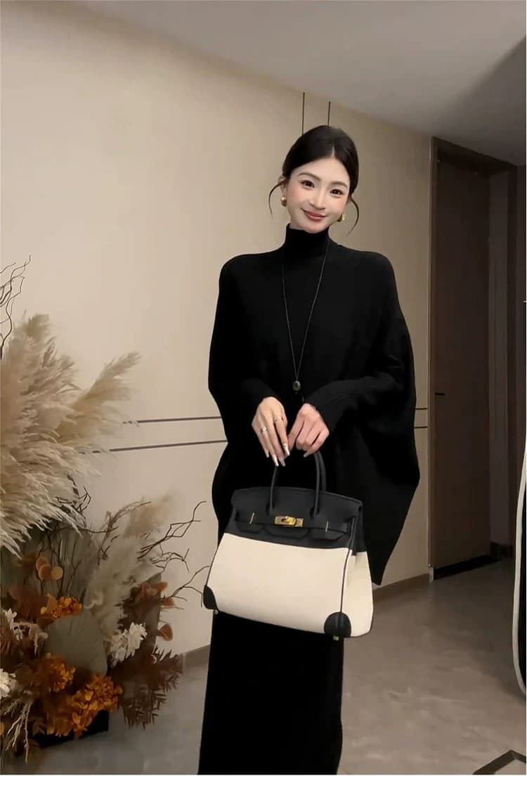 2026 새로운 한 부서 느긋한 바람 검정색 터틀넥 니트 드레스 아이들 조기 가을 고급 센스 세트 롱 스커트 상세 이미지 12