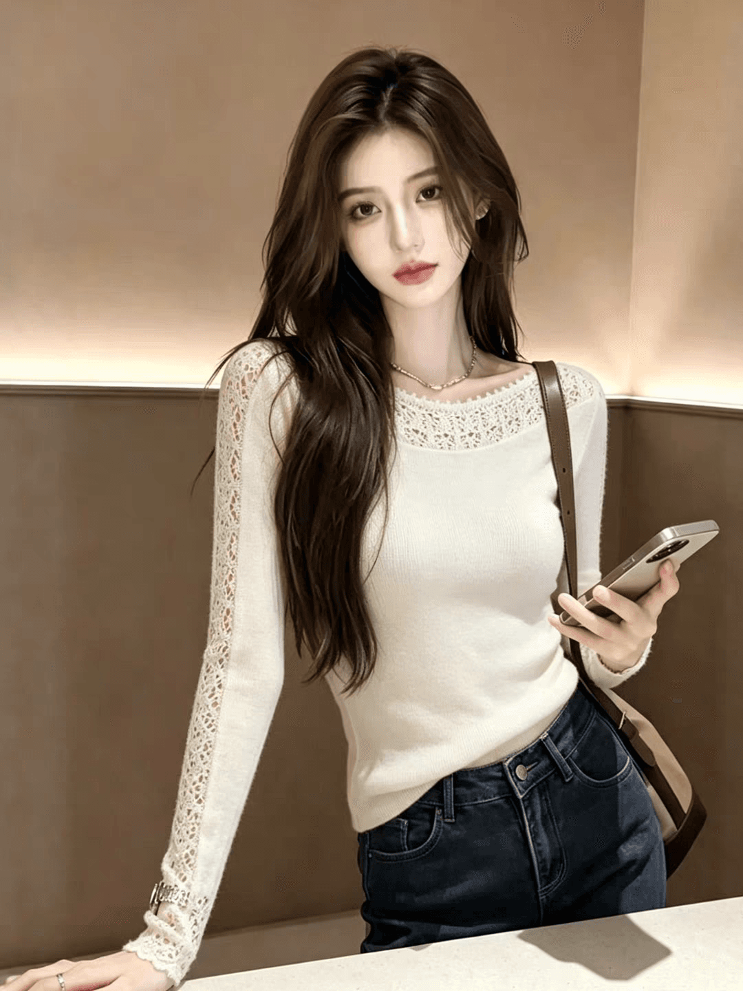 프랑스식 고급 센스 화이트 보트넥 자수 홀로우 아웃 니트 스웨터 여성 봄 가을 품격 기본 셔츠 슈퍼 잘 생긴 맨위 상세 이미지 4