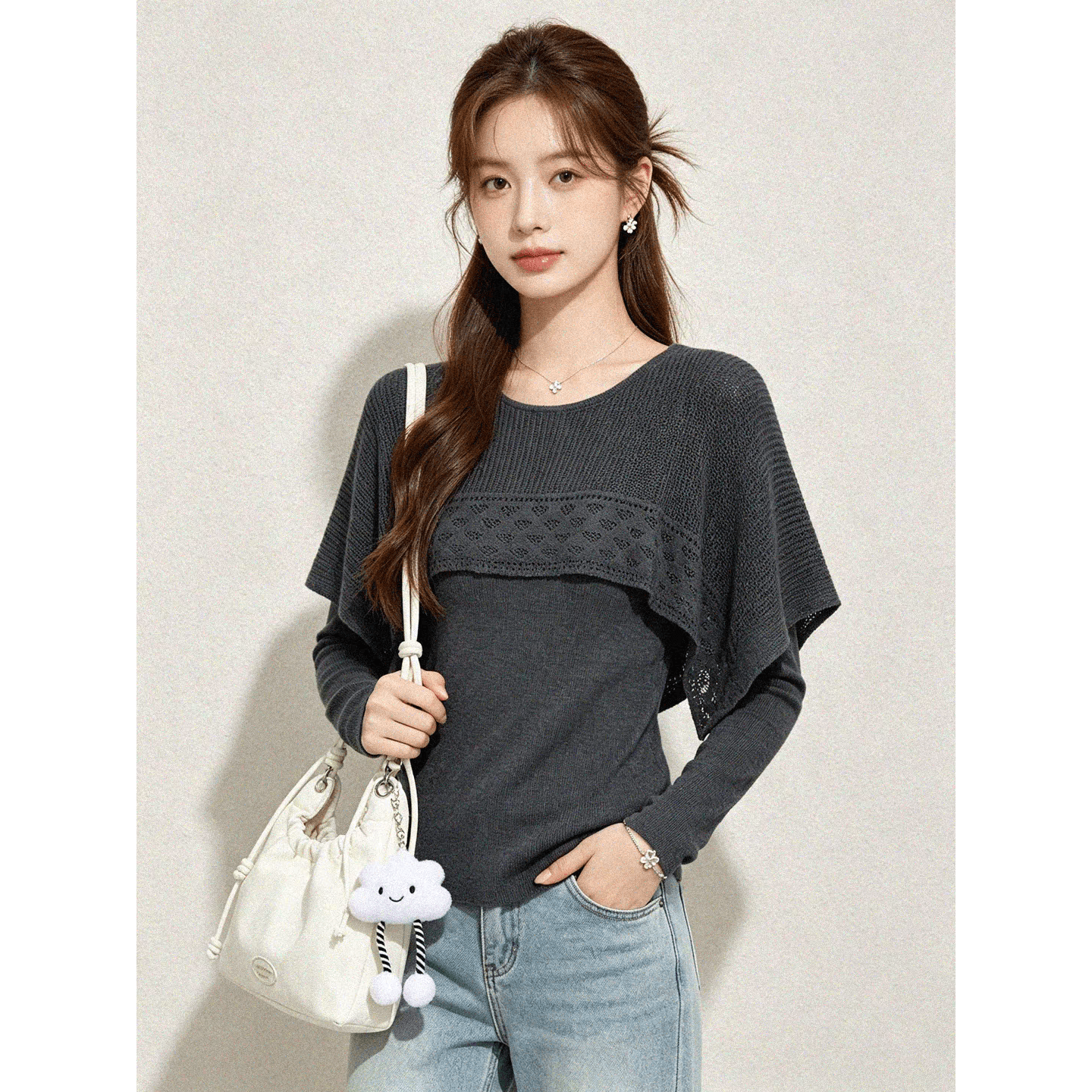 프랑스식 느긋한 바람 홀로우 아웃 프릴 페이크 레이어드 긴팔 니트 스웨터 여성 초기 가을 풀오버 연령 감소 슬림해 보이는 맨위 이미지 5