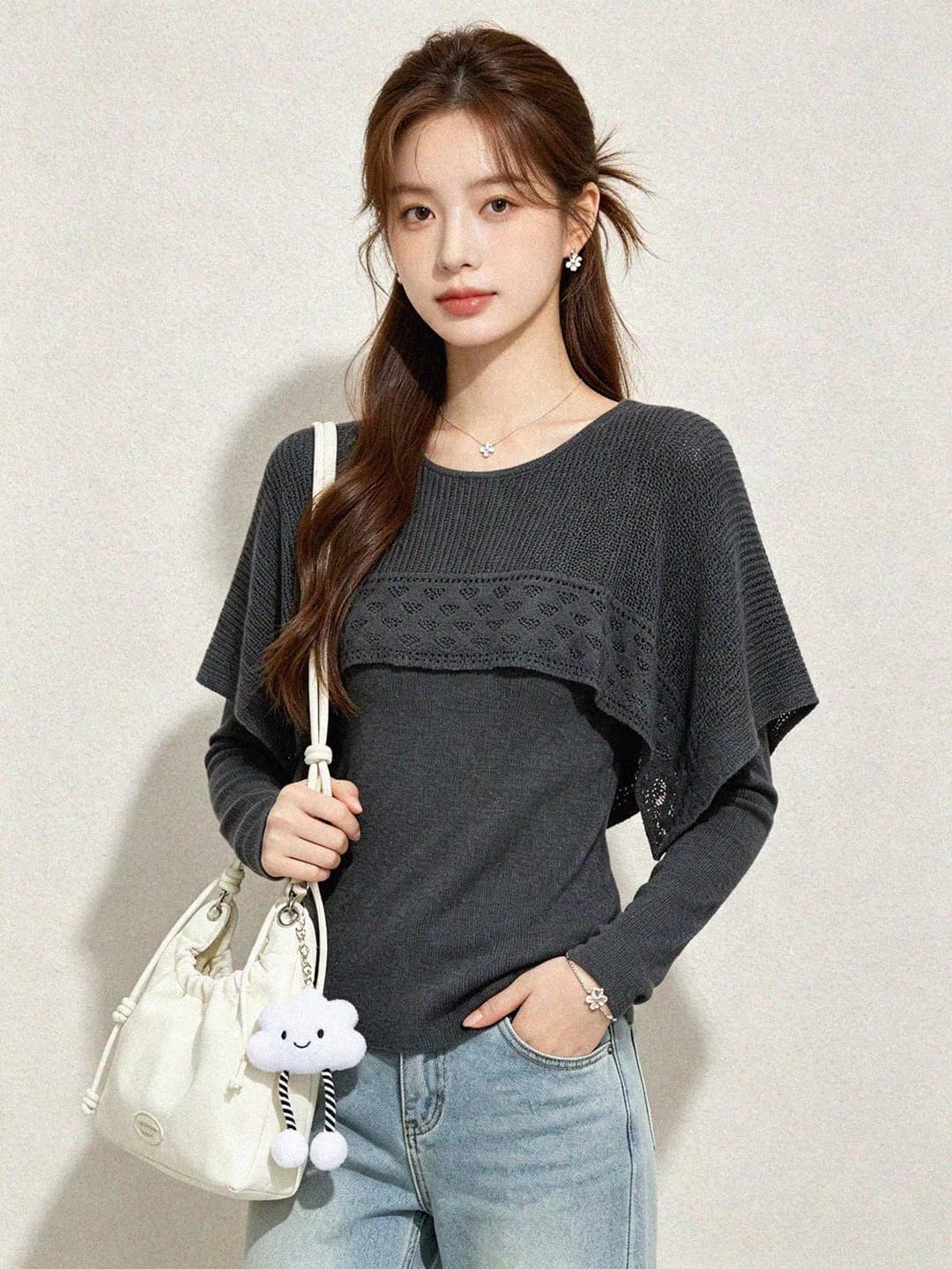 프랑스식 느긋한 바람 홀로우 아웃 프릴 페이크 레이어드 긴팔 니트 스웨터 여성 초기 가을 풀오버 연령 감소 슬림해 보이는 맨위 상세 이미지 6