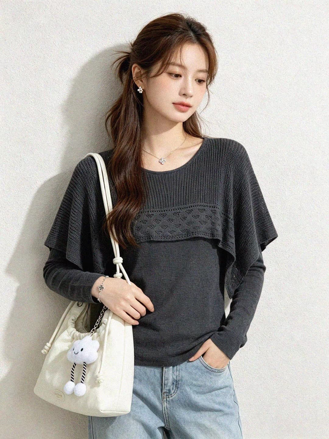 프랑스식 느긋한 바람 홀로우 아웃 프릴 페이크 레이어드 긴팔 니트 스웨터 여성 초기 가을 풀오버 연령 감소 슬림해 보이는 맨위 상세 이미지 7