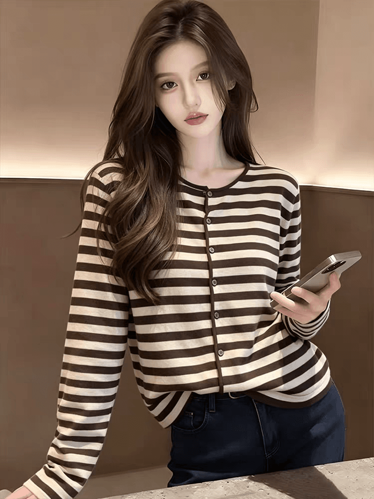 새로운 레트로 패션 디스플레이 얇고 작은 표준 스트라이프 오픈 가디건 스웨터 코트 상세 이미지 10