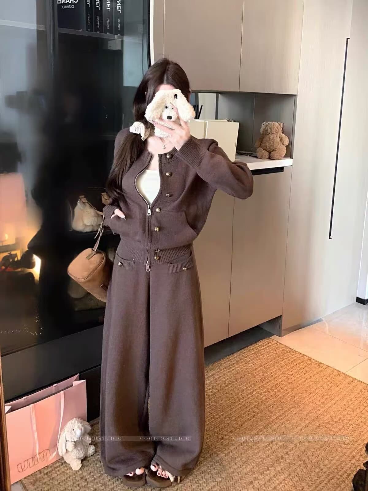한 부서 폭발 캐주얼 느긋한 니트 오픈 가디건 지퍼 세트 재킷 품격 패션 투피스 세트 와이드 레그 팬츠 니트 이미지 3