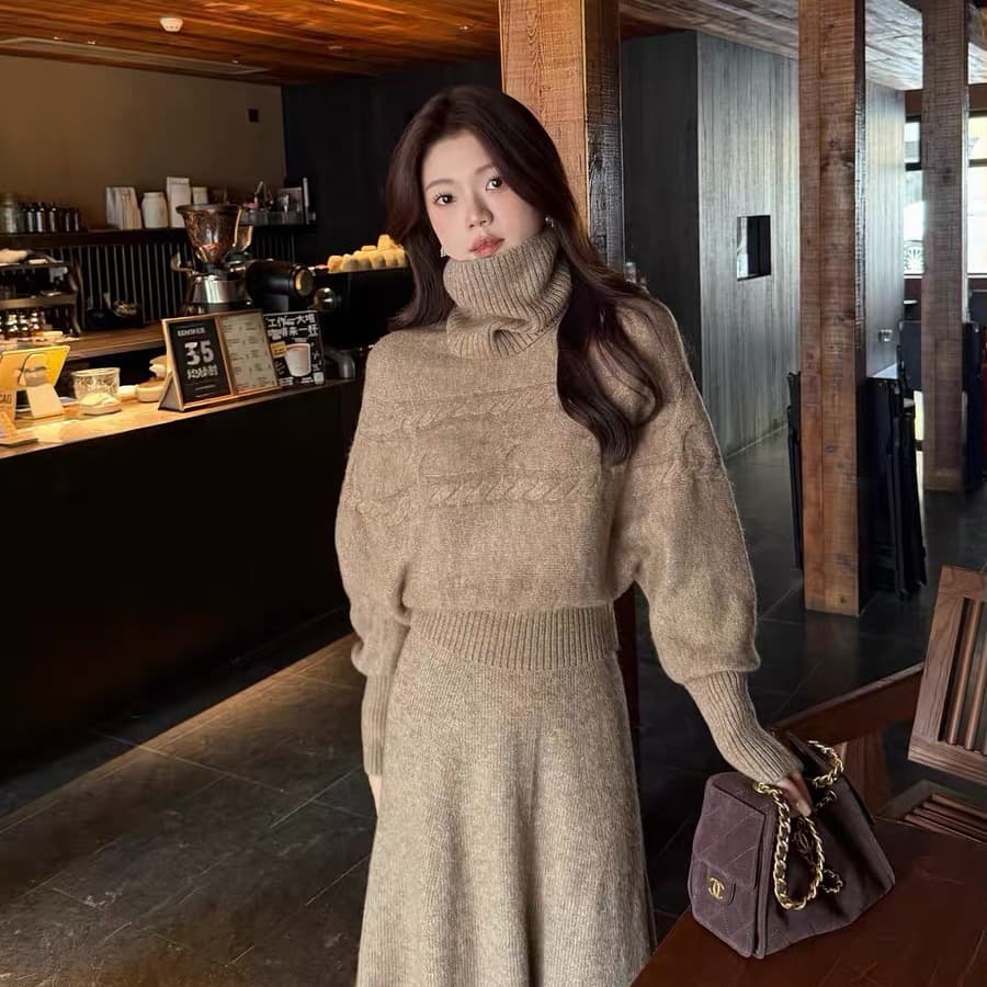 겨울 느긋한 센스 니트 세 조각 여성 세트 배트윙 소매 탈착식 목도리 스웨터 반신 스커트 이미지 5