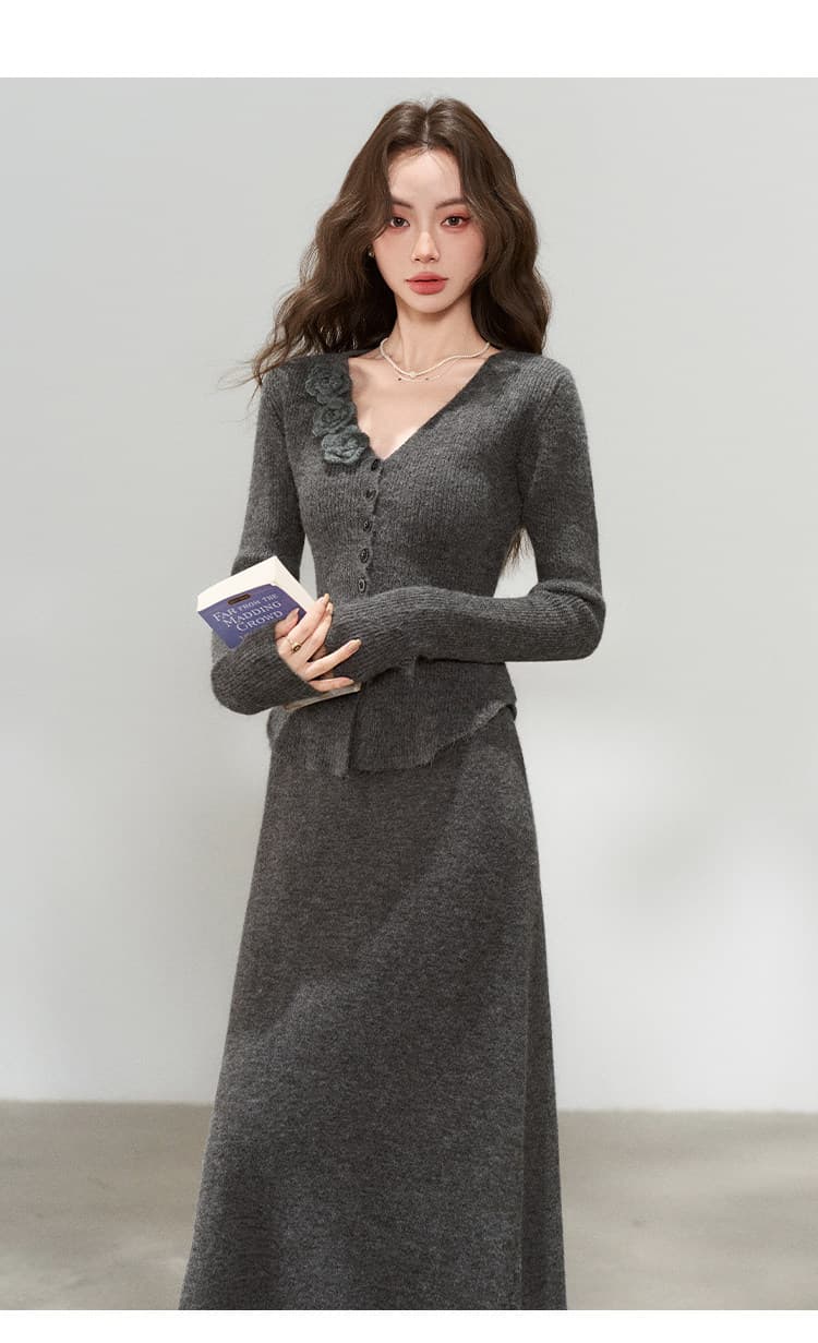 한 부서 부드러운 바람 V넥 3 차원 꽃 니트 반신 치마 세트 여성 가을 겨울 작은 샤넬 스타일 스웨터 드레스 투피스 세트 상세 이미지 27