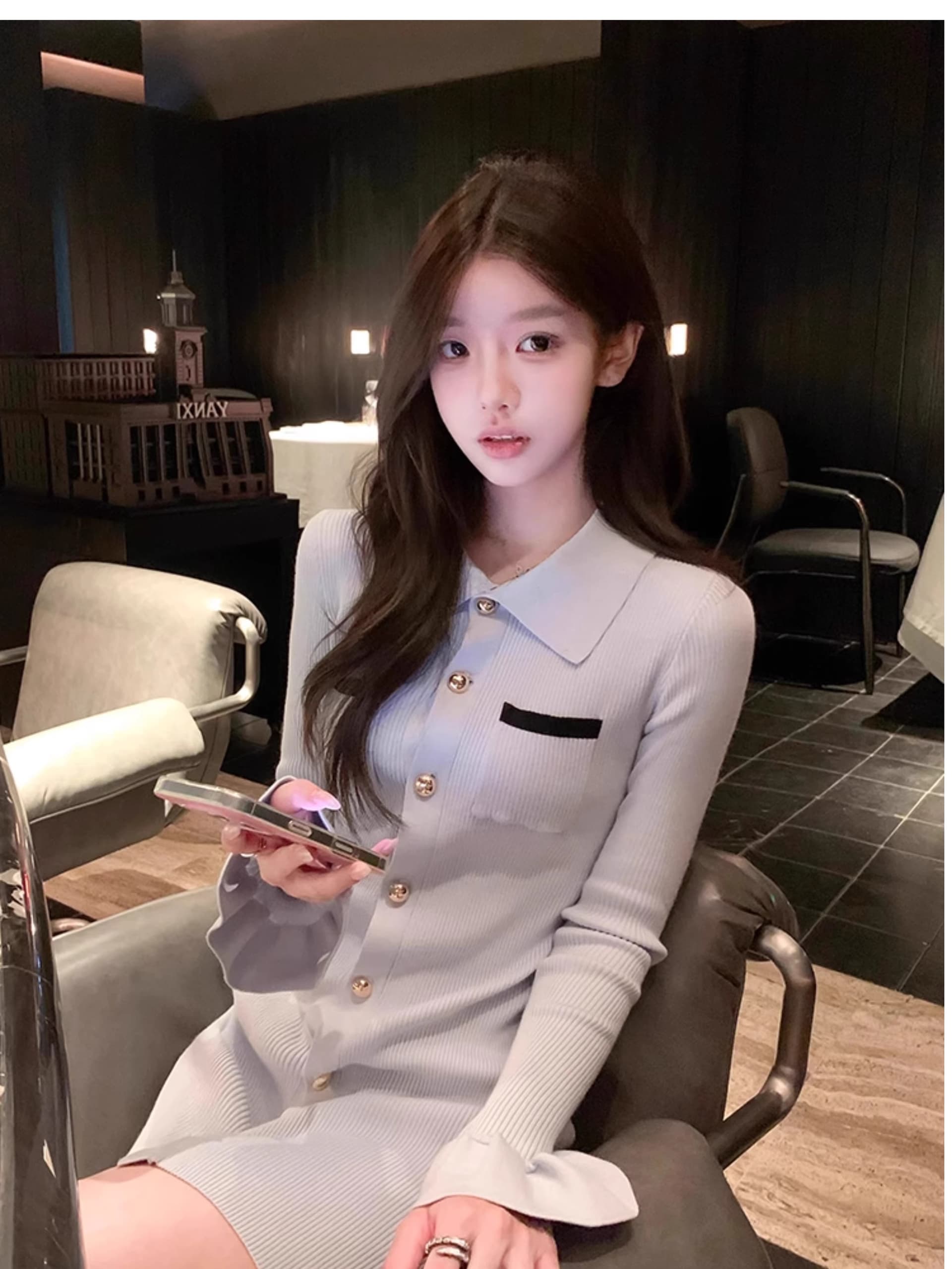 프랑스식 파란색 POLO 칼라 긴팔 니트 여성 드레스 조기 가을 장쑤 저장 및 상하이 천 골드 착용 가져 가라. 타이트 스커트 짧은 치마 상세 이미지 5