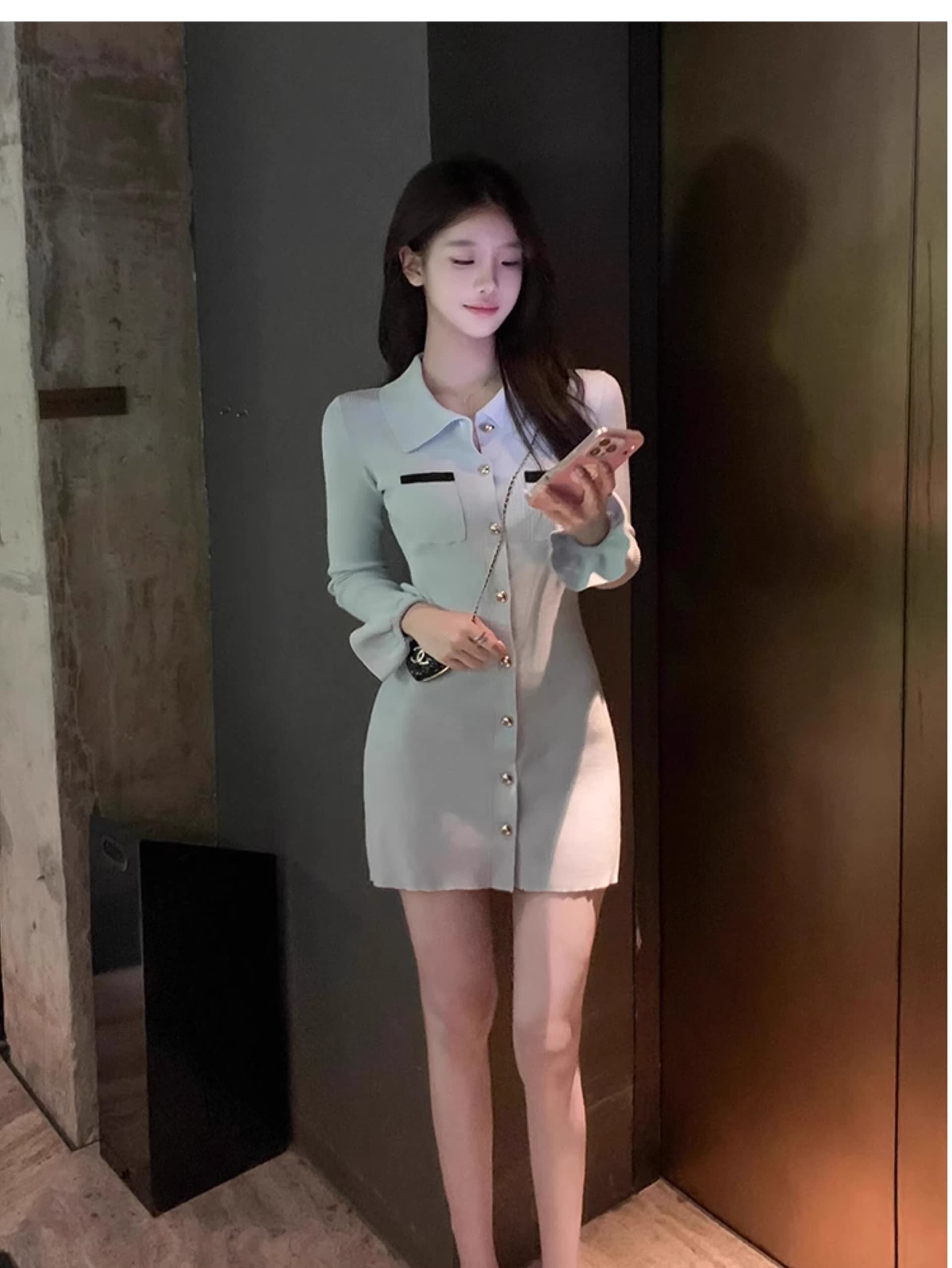 프랑스식 파란색 POLO 칼라 긴팔 니트 여성 드레스 조기 가을 장쑤 저장 및 상하이 천 골드 착용 가져 가라. 타이트 스커트 짧은 치마 상세 이미지 6
