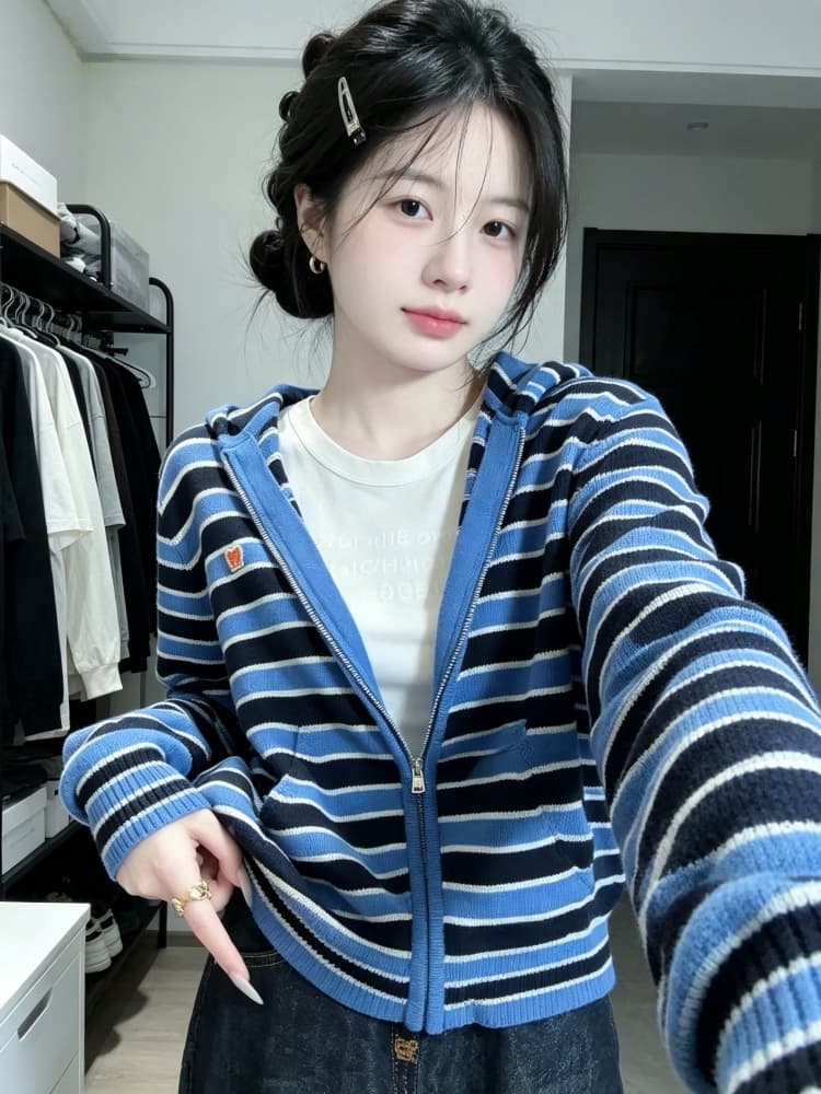 레트로 배색 스트라이프 니트 오픈 가디건 여성 가을 2026 새로운 디자인 센스 후드 지퍼 재킷 긴팔 스웨터 상세 이미지 9