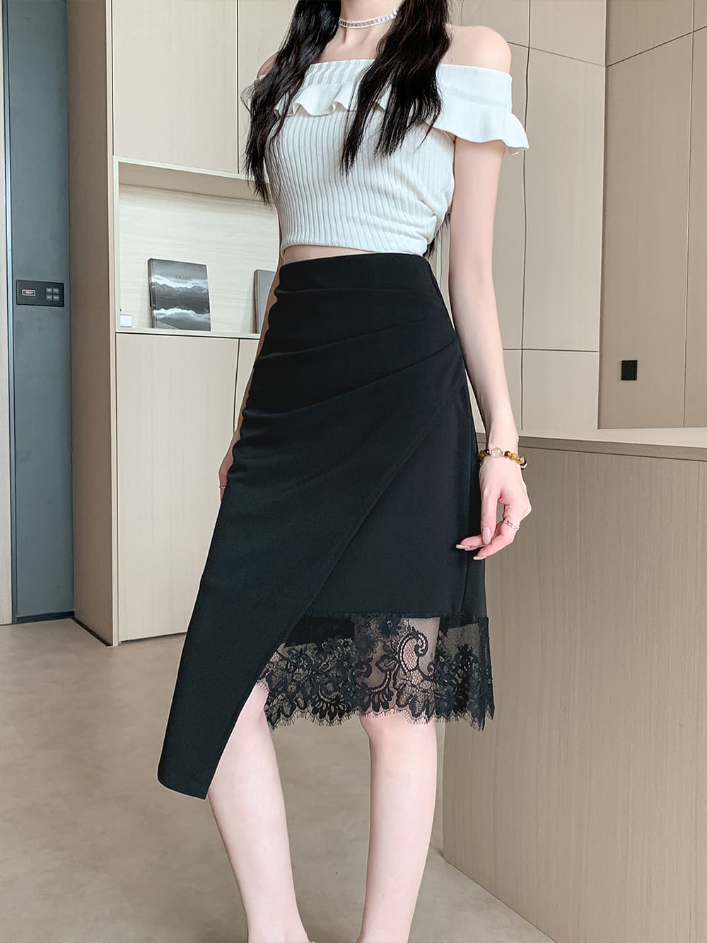 2026 빅 사이즈 프랑스식 고급 센스 불규칙 트임 레이스 신축성 허리밴드 반신 순수한 욕망 타이트 스커트 타이트 스커트 상세 이미지 10