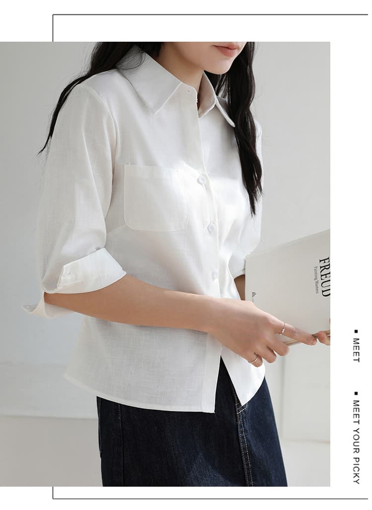 실사 화이트 여성 셔츠 2026 새로운 봄 여름 출퇴근 면 린넨 탑 옷깃 중간 소매 허리 수축 아마 셔츠 상세 이미지 4