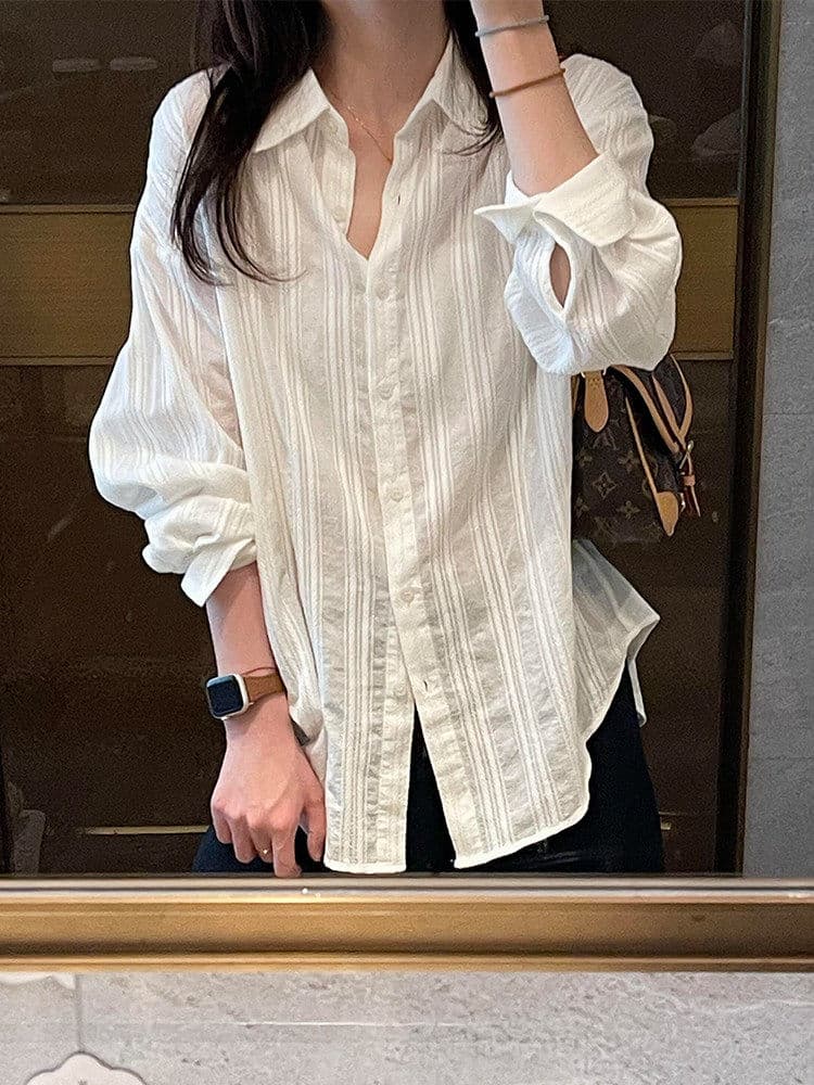한 부서 고급 센스 화이트 자카드 긴팔 여성 셔츠 봄 여름 오래된 돈 바람 루즈핏 느긋한 자외선 차단 셔츠 ins 상세 이미지 2