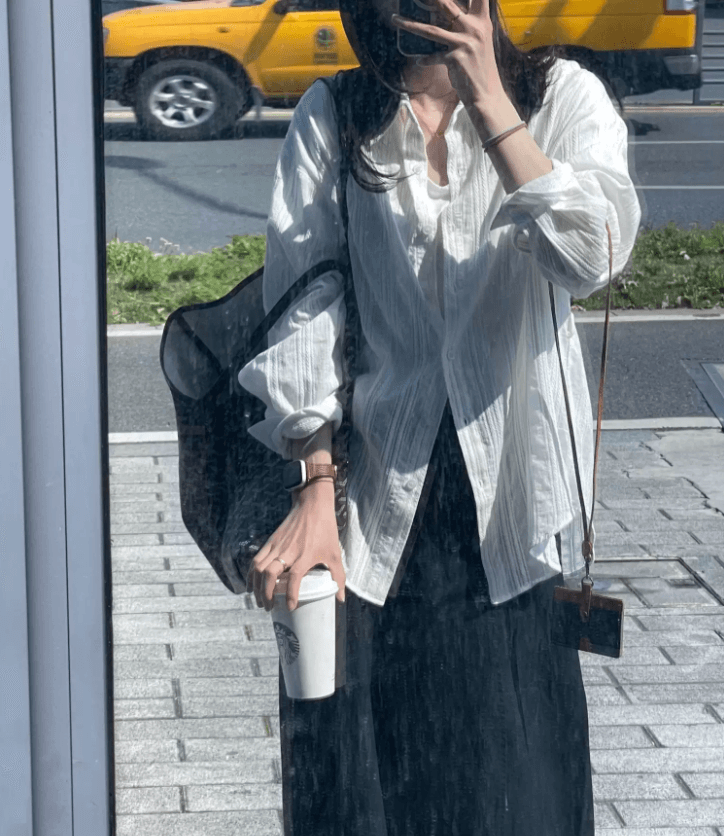 한 부서 고급 센스 화이트 자카드 긴팔 여성 셔츠 봄 여름 오래된 돈 바람 루즈핏 느긋한 자외선 차단 셔츠 ins 상세 이미지 13