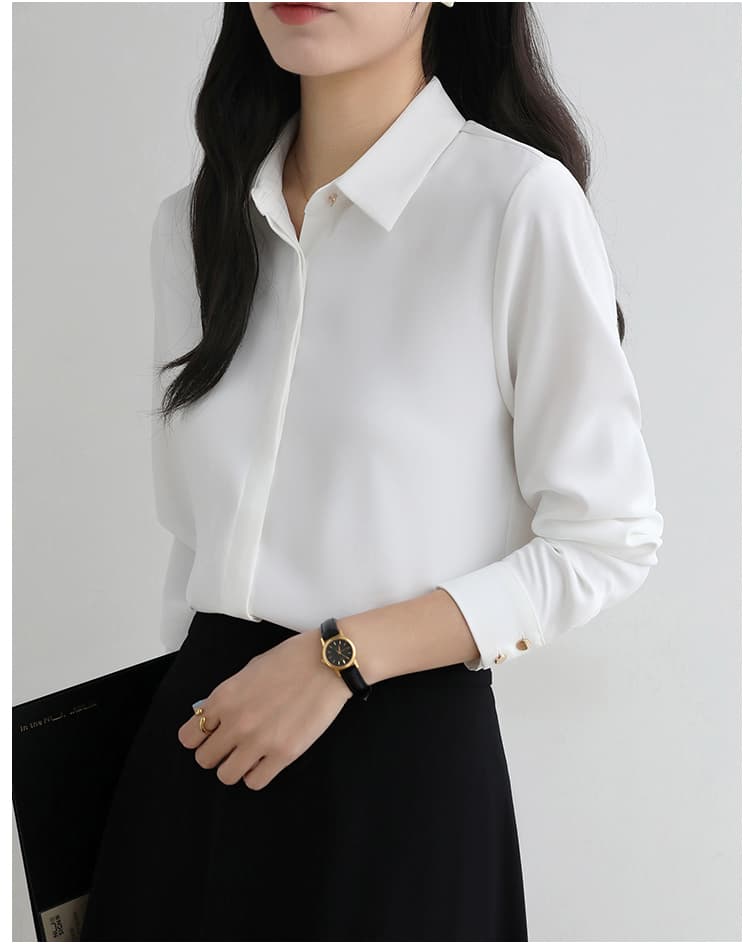 실사 2026 봄 가을 경력 긴팔 작은 키 화이트 여성 셔츠 워크웨어 출퇴근 셔츠 정장 인사이드 잡아라. 의류 상세 이미지 18