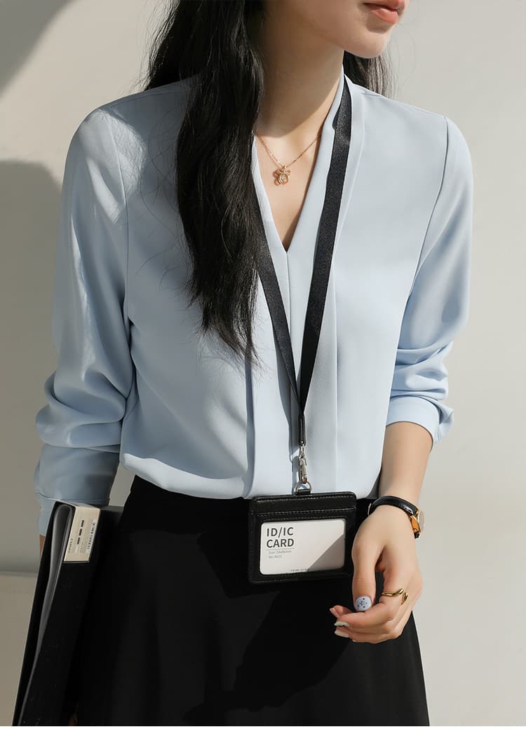 실사 V 넥 셔츠 여성 긴 소매 대학생 면접 출퇴근 긍정적 인 로드 중 인사이드 가져 가라. 쉬폰 화이트 경력 셔츠 맨위 상세 이미지 21