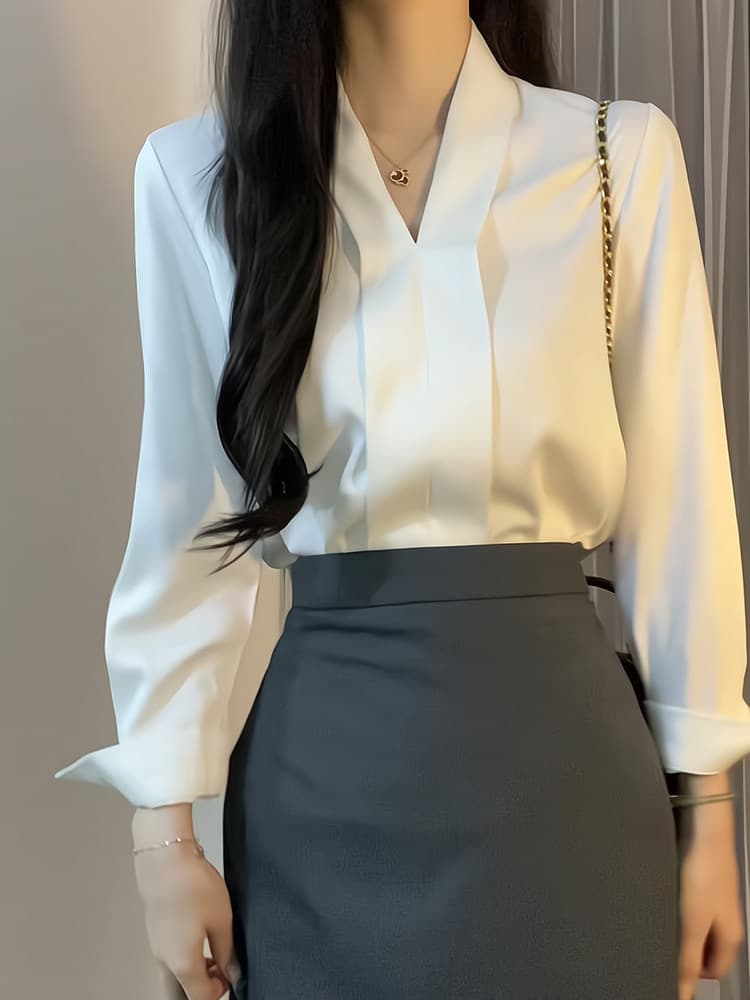 2026 화이트 V넥 여성 셔츠 봄 가을 경력 긍정적 인 로드 중 교사 착용 가져 가라. 공무원 의류 원인 수정 면접 로드 중 상세 이미지 7