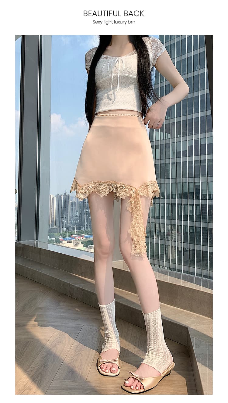 2026 여름 새로운 달콤함 천 금빛 바람 레이스 레이스 한 마디 반신 스커트 여성 하이웨이스트 슬림해 보이는 비대칭 미니 스커트 상세 이미지 18